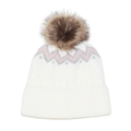 Close-up of white knitted hat with pink chevron pattern and brown faux fur pom-pom - White