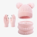 Set 3 pezzi rosa in maglia con cappello a due pompon, sciarpa e guanti touch - Rosa Chiaro
