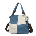 Sac fourre-tout en toile bleu et blanc avec bandoulière en tissu marron varié - Bleu