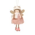 Ange de Noël en peluche rose et blanc avec bonnet tricoté et bois dorés - Haut-de-forme Bois d'ange / Rose