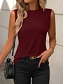 Women's burgundy sleeveless slim-fit knit tank top featuring stylish diagonal pleats - Burgundy