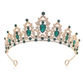 Luxurious gold alloy bridal crown featuring emerald green gemstones and white rhinestones - No Comb Gold Base - White & Green
