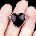 15mm heart-shaped black agate connector with silver-plated rim for DIY jewelry making - Obsidian Double Hole (Silver)