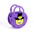 Purple felt Halloween candy bag featuring a yellow pumpkin face and a black wizard hat - Pumpkin / Purple