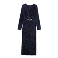 Elegant navy blue velvet midi dress with deep V-neck and golden crescent moon belt detail - XS / Navy Blue