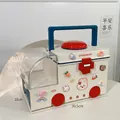 White ambulance-shaped first aid box with blue handle and cute strawberry stickers - With Stickers & 3D Charms / Green Ambulance Medicine Box