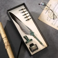 Vintage gray feather quill pen set with bronze holder and calligraphy ink in a gift box - Gray