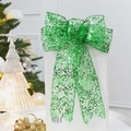 Sparkling green sequin bow Christmas tree ornament with long ribbon for holiday decor - Green