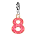 Detailed macro view of pink enamel number 8 charm with gold edging and textured silver bail - Number-8