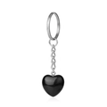 Polished black heart-shaped natural stone pendant on a silver metal keychain - Obsidian