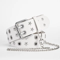 Punk white PU leather belt with silver star studs, double grommets and metal chain - White with Chain / White