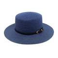 Detail of dark blue boater straw hat with black leather band and gold metal buckle - M (56-58cm) / Navy Blue