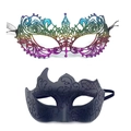 Detail of colorful lace phoenix mask and black glitter masquerade mask on white background - Black Ox Horn Mask + Multicolor Lace Pointed Mask