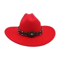 Red wool felt western cowboy hat featuring ethnic style leather belt with blue beads - One Size / Red