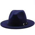 Detailed shot of dark blue wool fedora hat featuring a black band and gold buckle - M (56-58cm) / Navy Blue