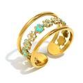 Anello multistrato in acciaio inossidabile placcato oro 18K con fiori smaltati - Anello Aperto a Fiore / Oro - Fiore Blu e Bianco