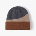 Three-tone patchwork knit beanie in dark grey, light khaki and caramel brown colors - One Size / Dark Gray/Light Khaki/Caramel Brown Color Block