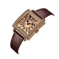 Elegante reloj cuadrado para mujer con caja de diamantes oro rosa y correa de cuero - Marrón