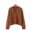 Detail of caramel mohair cardigan with V-neckline and black buttons on white background - S / Caramel color