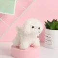 Cute white curly plush dog toy puppy doll displayed on a pink pedestal stand - 11cm / White