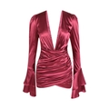 Elegantes burgunderrotes Satin-Minikleid mit V-Ausschnitt, Trompetenärmeln und Raffung - L / Burgunderrot