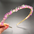 Handmade gold metal headband featuring irregular pink and green crystal stone beads - Single Row / Two Tone-Single Row