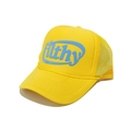 Detailed side view of yellow trucker hat with blue Filthy embroidery and mesh back - Yellow