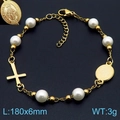 Pulsera de acero dorado con cruz, perla blanca y dijes colgantes de la Virgen María - Estilo de la Virgen María con Perlas Doradas (KB183323-YU)