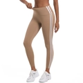 Makroaufnahme der High-Waist-Yogahose mit elastischem Bund und Seitenstreifendetail - S / Kakao