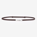 Slim dark brown leather belt for women with elegant silver rectangular buckle and stitching - Silver Snap Button / Coffee
