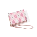 Pink and white rhombic pattern bifold wallet with heart print and gold zipper - Pink