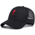 Detail of red cross embroidery on black mesh trucker hat with 45-degree profile view - Black Red