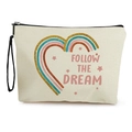 Borsa per cosmetici in tela beige con cuore arcobaleno e scritta motivazionale - 17*25cm (Lino) con Cinturino / Beige Arcobaleno Cuore Follow The Dream