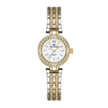 Luxus-Quarzuhr mit zweifarbigem Diamantarmband und weißem Perlmutt-Zifferblatt auf weißem Grund - Luxusgold