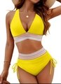 Two-piece bright yellow high waist bikini with colorful zigzag trim and drawstring sides - Yellow
