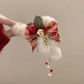 Pince à cheveux de Noël en peluche beige avec nœud écossais rouge et grelots - Pince Rouge Cloche de Noël / Rouge