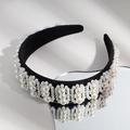 Elegant black wide headband with dense white pearl embellishments in Baroque style - Black