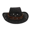 Black woven straw cowboy hat with ethnic style brown braided band and metal coins - Black (Silver Coin Decor)