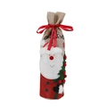 Green Christmas gnome wine bottle cover with white beard and red ribbon bow - Burlap Santa Bottle Cover