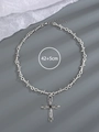Punk prikkeldraad ketting in zilver met zwarte edelsteen kruishanger, maat 42+5cm - Antiek Zilver (5461)