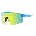 Blue and white sports sunglasses with iridescent yellow-green lens for cycling and outdoor - Blue White Contrast Green Yellow Lens (C22)