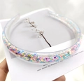 Close-up of clear PVC headband filled with colorful butterfly sequins for children - Sequin Butterfly Style