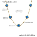 Golden stainless steel necklace with five square blue glass stone charms shown with measurements - Necklace / Gold-Blue