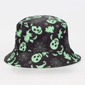 Detail view of black bucket hat with fluorescent green Halloween witch and skull patterns - M (56-58cm) / Halloween Neon Green Skull (#08)