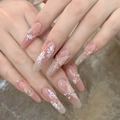 Pink gradient almond press-on nails with white flowers and butterfly crystal accents - By1508 Blossoming Wings / Glue Type