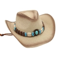 Detail van western strohoed met turquoise kralenwerk en etnische geweven textuur - Beige Bruin (Beige Strip Blauwe Kraal)
