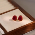 Deep red flocked geometric square stud earrings in gold frames on a display tray - Irregular Square Enamel Textured Stud Earrings (39#) / Gold and Deep Red
