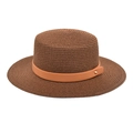 Detail of dark brown straw hat weave with orange leather band and gold metal stud - M (56-58cm) / Coffee