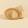 Beige elastic woven belt featuring a large round straw-texture buckle and PU leather trim - Oval Braided Buckle