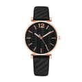 Detail of minimalist black dial with U-shaped texture and rose gold hands on quartz watch - Black Watch Only